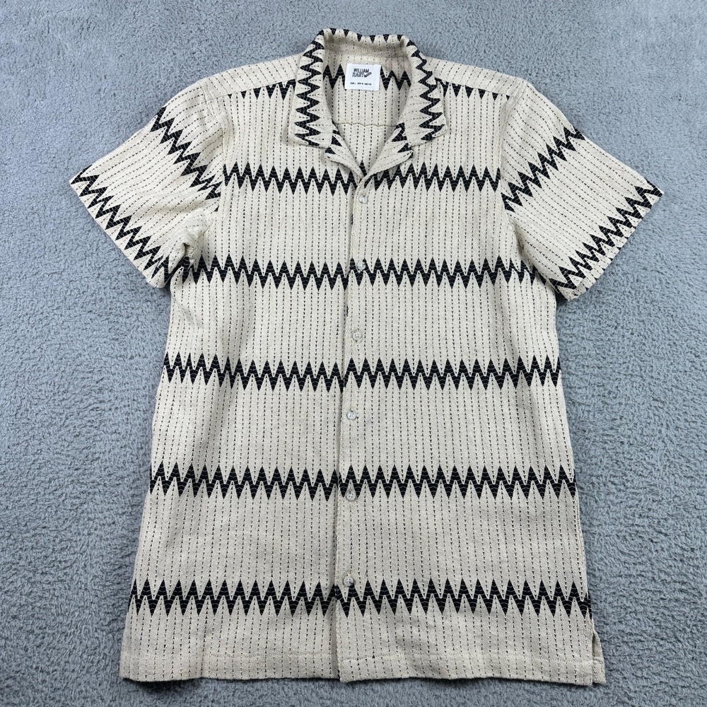 William Rast Crochet Knit Button Down Shirt Mens Large Beige Black Zigzag Camp
